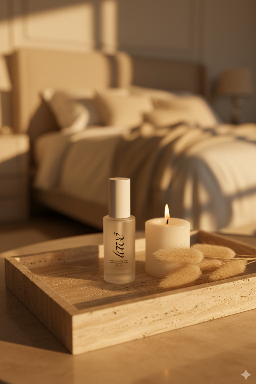 lavé Serum — Travertine Tray, Golden Hour Bedroom