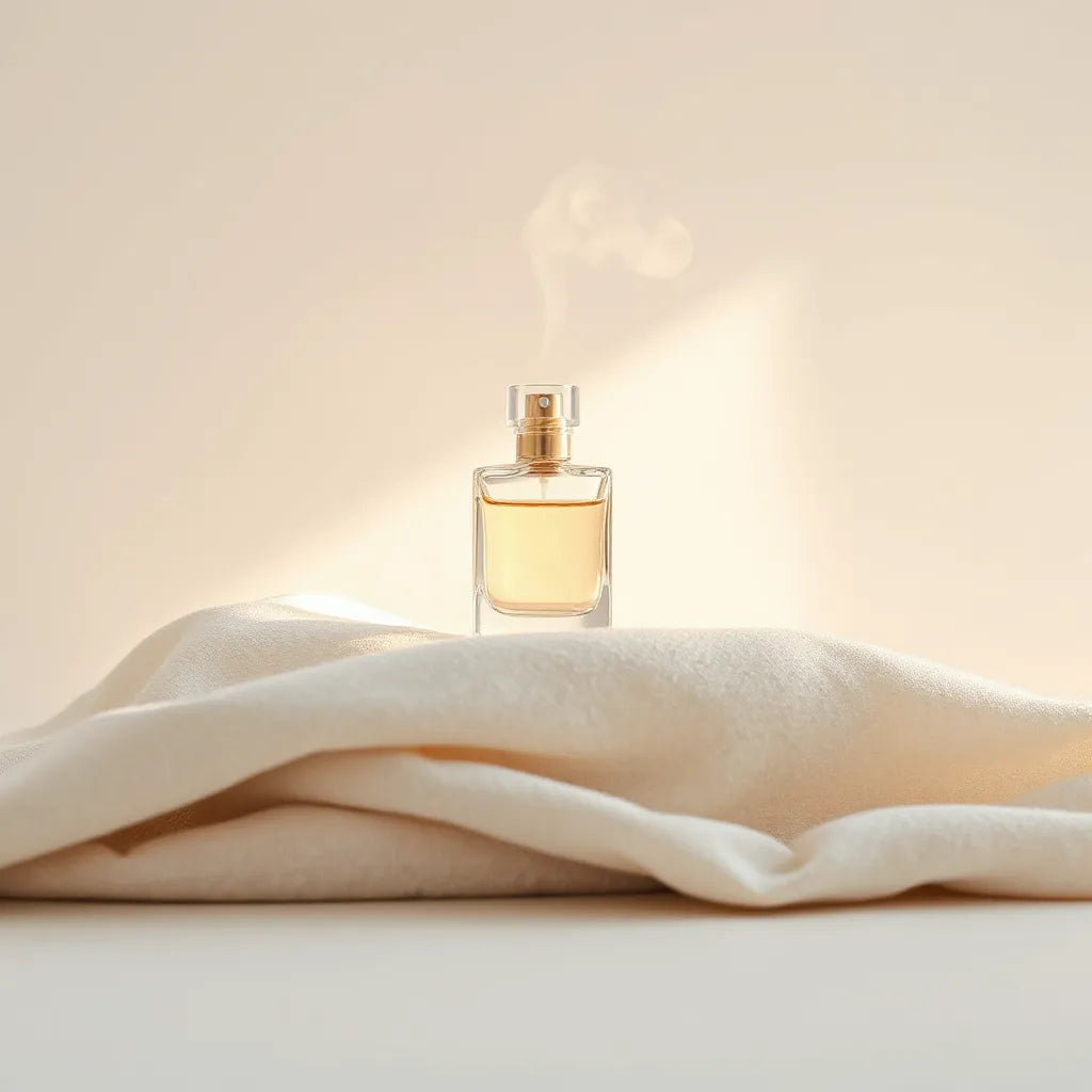 Minimal perfume bottle with soft mist haze hovering above clean neutral fabric