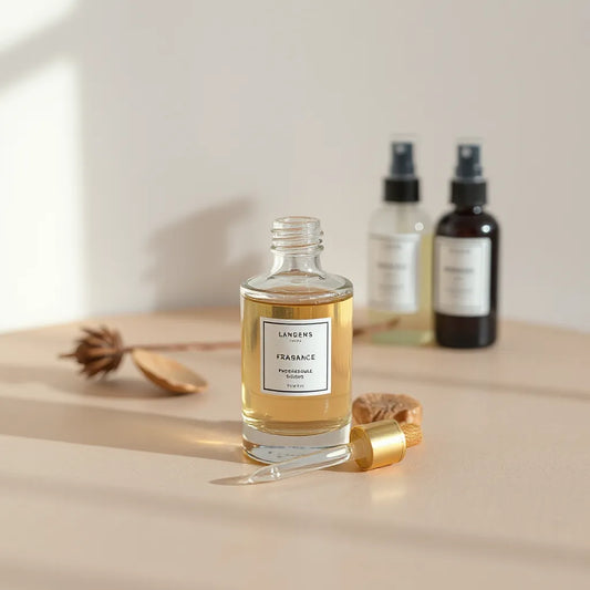Minimal perfume bottle and dropper on a light wood surface with soft, blurred fragrance elements