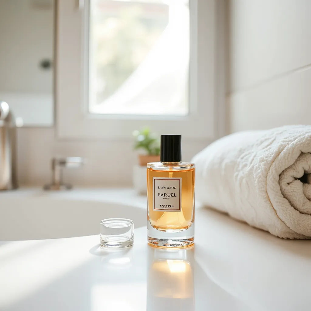 Perfume bottle on a vanity with soft morning light and a towel in the background