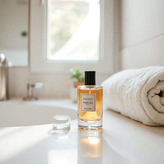 Perfume bottle on a vanity with soft morning light and a towel in the background