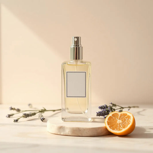 Minimal vegan perfume bottle with lavender and citrus ingredients on a neutral vanity surface